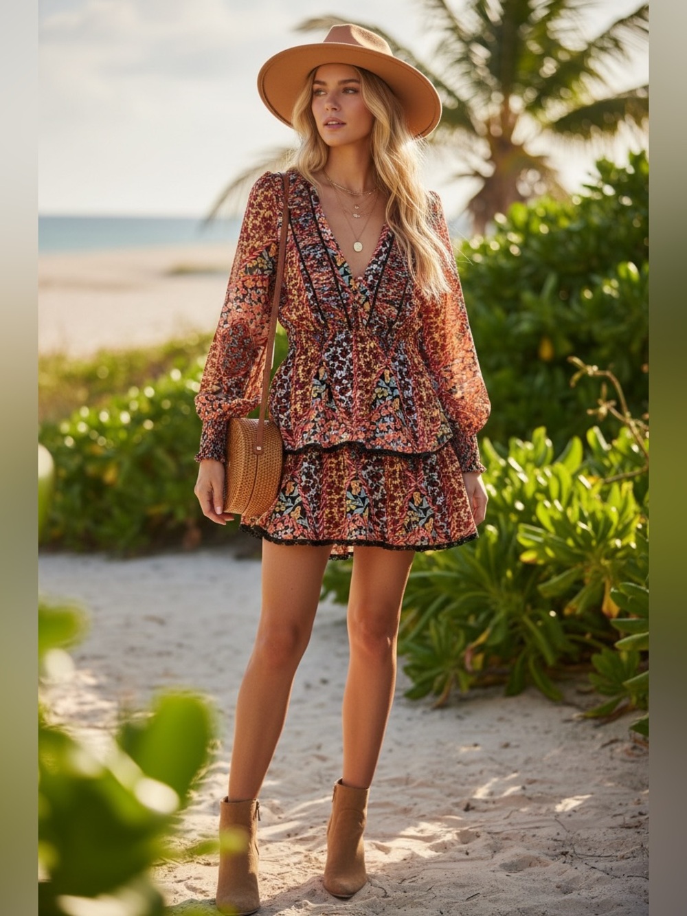 Allison New York Boho Floral Long Sleeve Tiered Mini Dress Size Medium